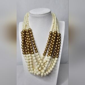 ​Amrita Singh Statement Necklace Cream Gold Multi Strand Beaded Bib Boho Luxe